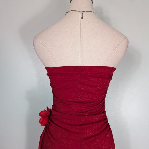 Vintage Prom Dress Maxi Gown M Red Y2K Strapless Mesh Ruffle Fairy Glam Stretch - Picture 4 of 12